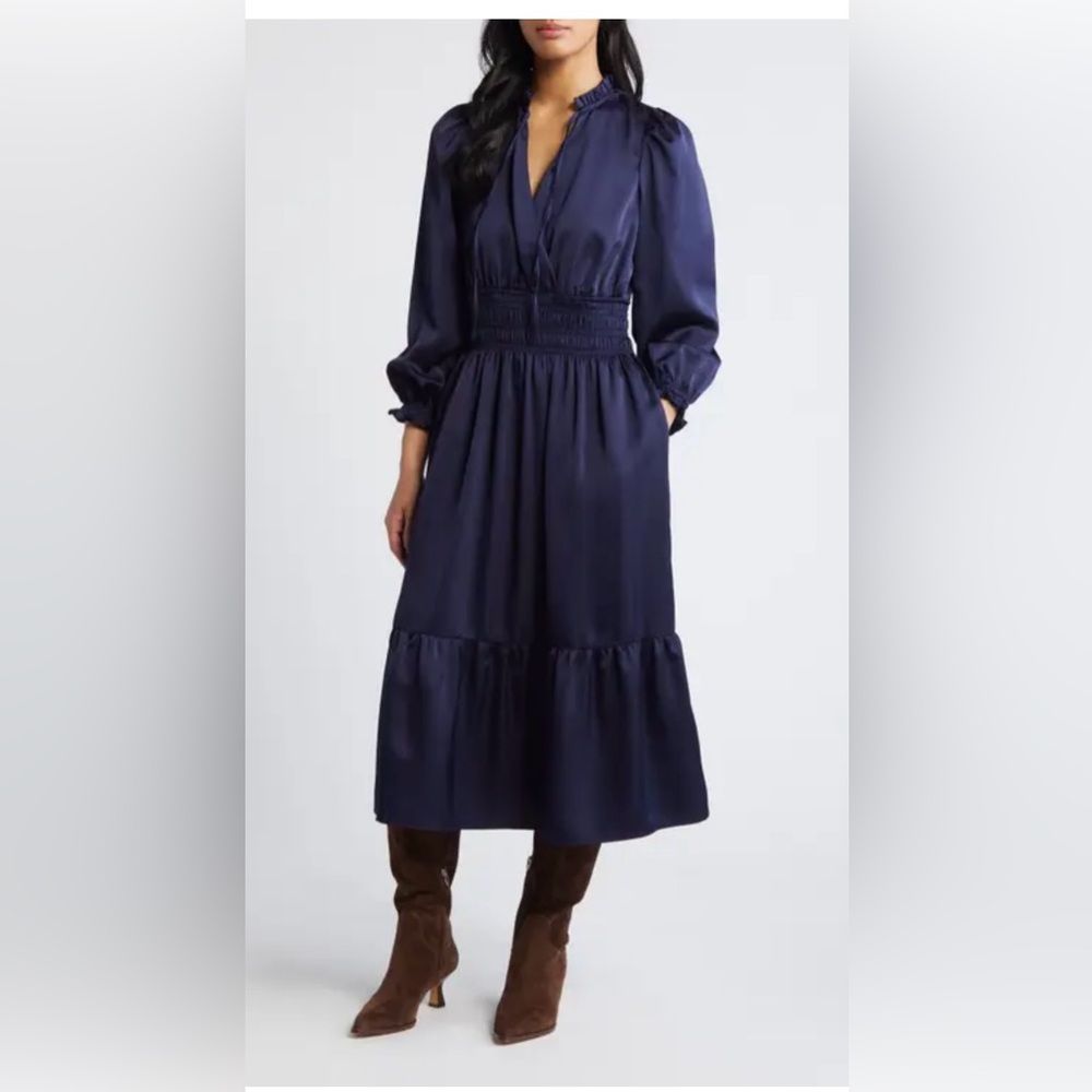 AUGUST SKY dress size small midnight navy‎ blue satin maxi dress  💙💙